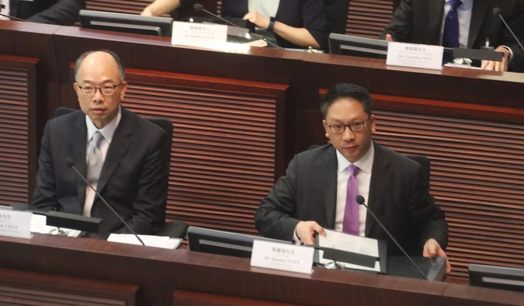 Secretary for Justice Rimsky Yuen (right), with transport minister Frank Chan Fan, answers questions in Legco. Photo: Felix Wong Secretary for Justice Rimsky Yuen (right), with transport minister Frank Chan Fan, answers questions in Legco. Photo: Felix Wong