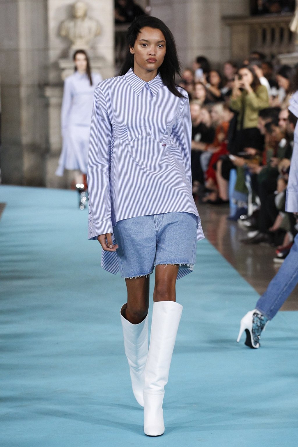 Denim shorts and pinstripe button-down shirt from Off-White.