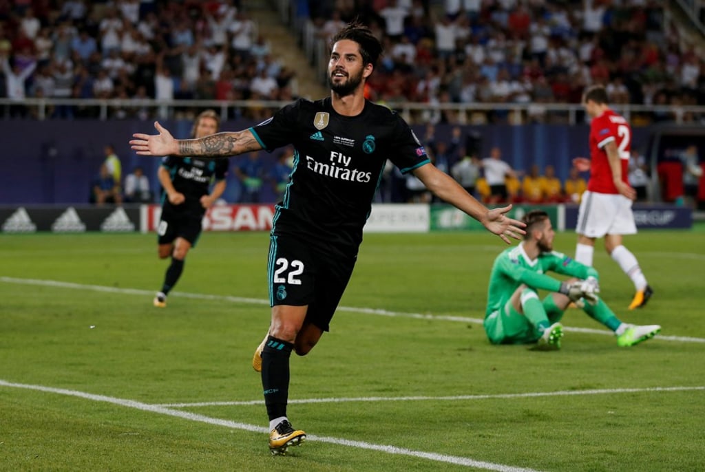 Real Madrid’s Isco celebrates scoring the second goal for his team in their game against Manchester United. Photo: Reuters