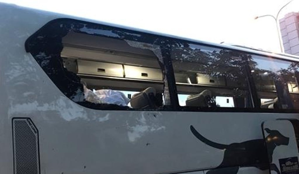 Rocks rained down on the tour bus in the aftermath of Tuesday’s deadly earthquake. Photo: Handout