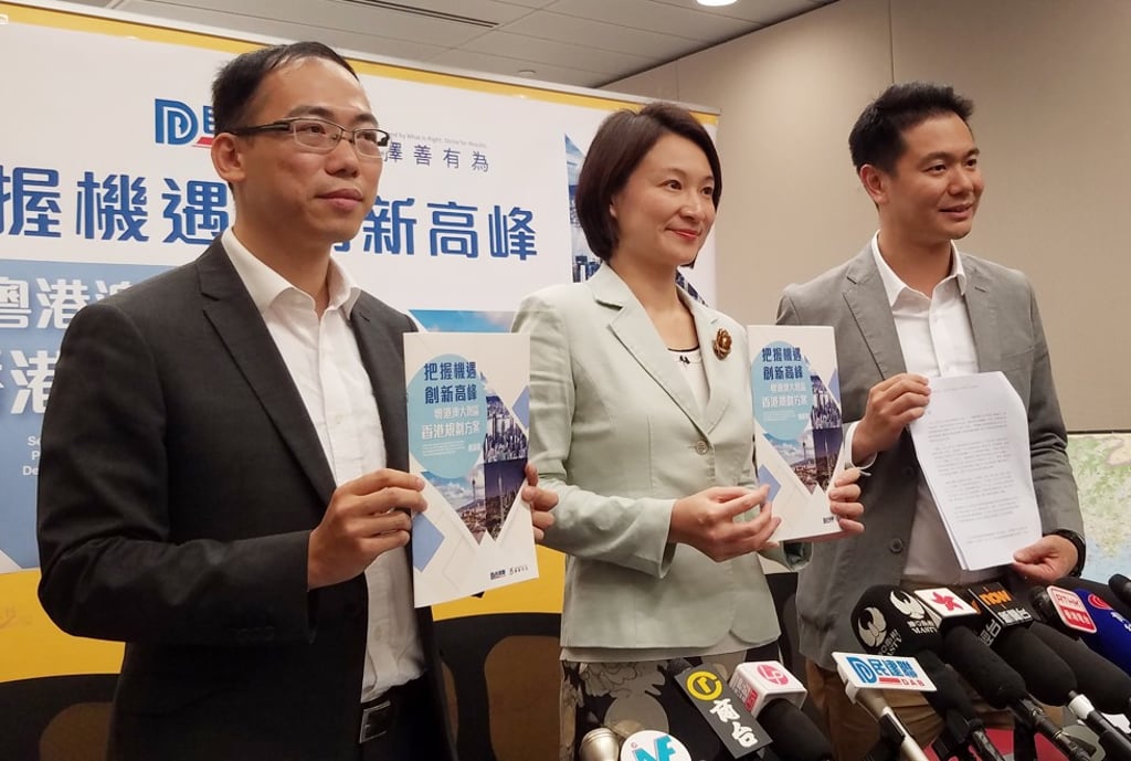 The DAB’s Clement Lui (left), Starry Lee and Holden Chow present a list of 55 suggestions to make it easier for Hong Kong people to live and work in the Greater Bay Area. Photo: Raymond Cheng