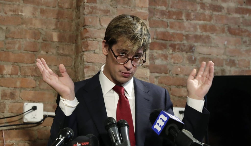 Milo Yiannopoulos addresses the media at a press conference in New York City on February 21. Photo: EPA