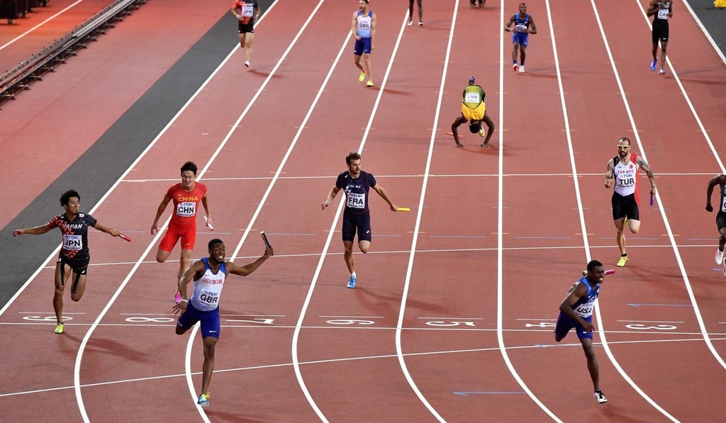 Britain’s Nathaniel Mitchell-Blake (third left) crosses the finish line to win the men's 4x100 metres relay final at the world championships in London for Britain, with China coming fourth. Photo: AP