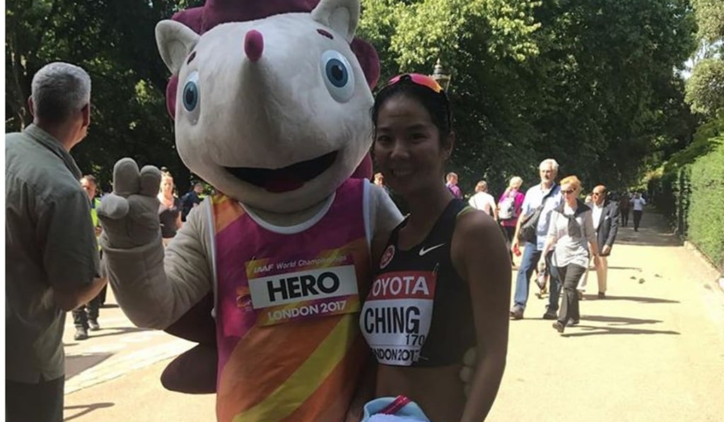 Jessica Ching with the IAAF world championships mascot, Hero. Photo: Jessica Ching/Facebook