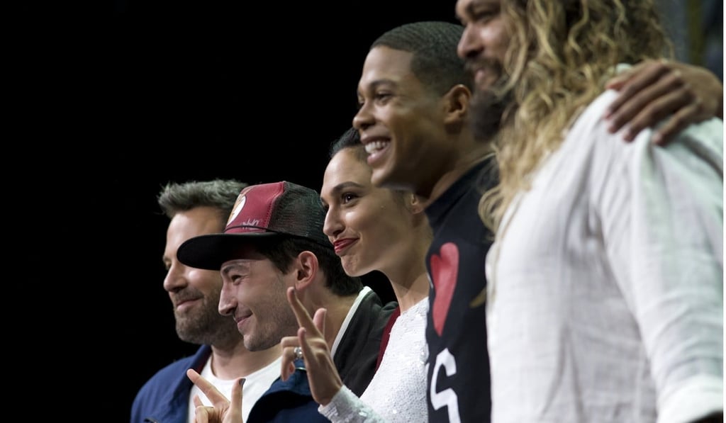 Justice League cast (from left): Ben Affleck (Batman), Erza Miller, (Flash), Gal Gadot, (Wonder Woman), Ray Fisher, (Cyborg), and Jason Momoa, (Aquaman.) Photo: EPA/David Maung