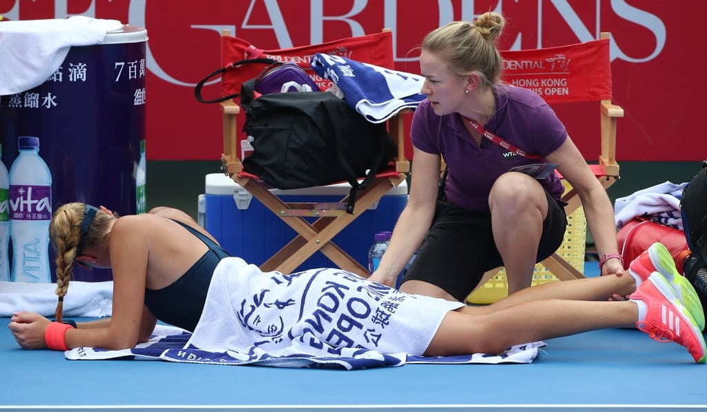 Kristina Mladenovic receives treatment during last year’s Prudential Hong Kong Open final. Photo: K.Y. Cheng