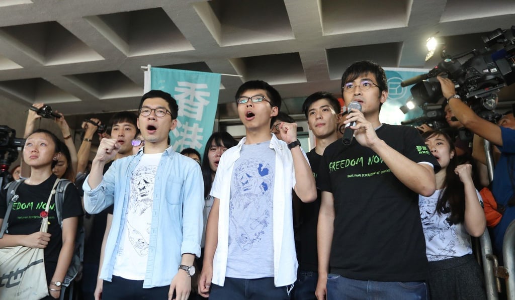 (Left to right) Nathan Law Kwun-chung, Joshua Wong Chi-fung and Alex Chow Yong-kang at the High Court. Photo: Edward Wong