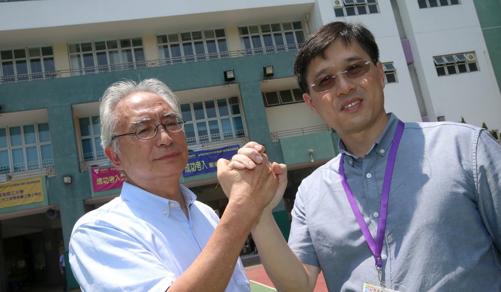 Newly appointed acting Principle Sung Cheuk-fan, right, and school board member Lui Ki-cheung at Hing Tak School in Tuen Mun. Photo: K. Y. Cheng