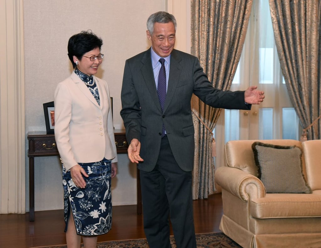 Singapore’s Prime Minister Lee Hsien Loong meets the visiting chief executive of Hong Kong, Carrie Lam Cheng Yuet-ngor, during her visit to the Istana presidential palace on August 3. Photo: AFP Singapore’s Prime Minister Lee Hsien Loong meets the visiting chief executive of Hong Kong, Carrie Lam Cheng Yuet-ngor, during her visit to the Istana presidential palace on August 3. Photo: AFP