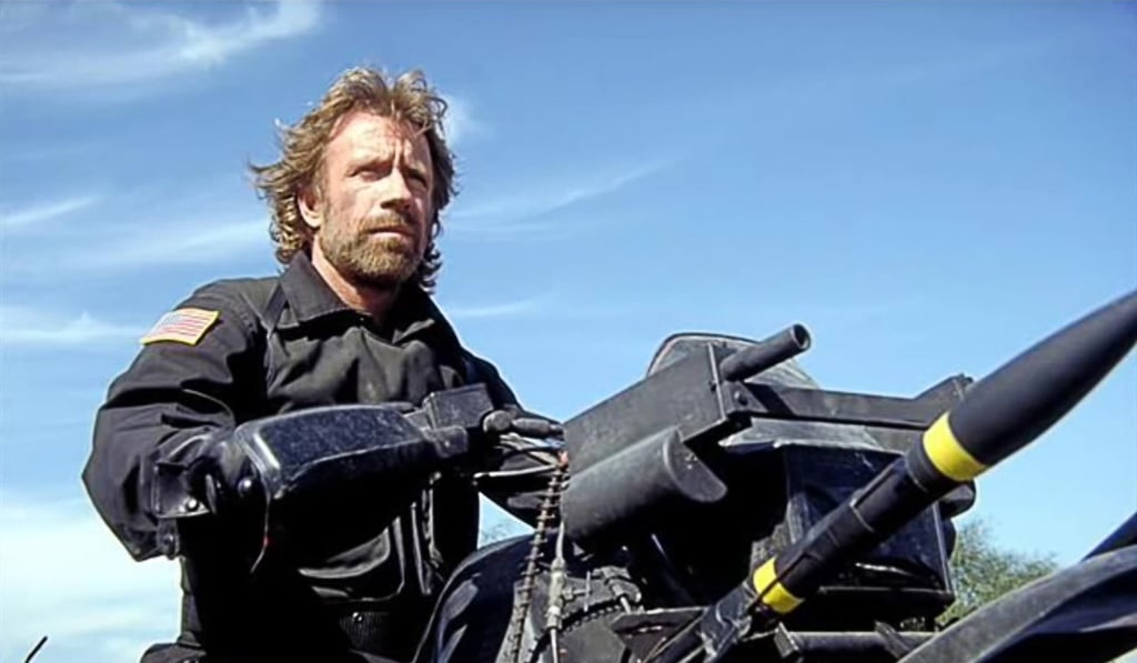 Chuck Norris in The Delta Force. Note the American flag on his shoulder. Image: YouTube