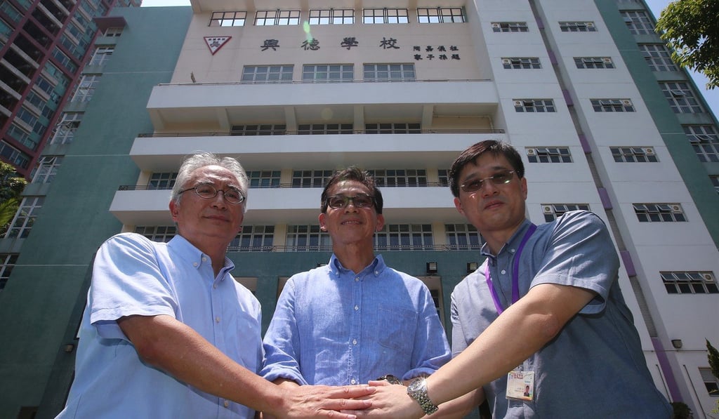 (L to R) Hing Tak School's board member Lui Ki-cheung (Left), Board member Lau Yi-long and newly appointed acting Principle Sung Cheuk-fan at Hing Tak School in Tuen Mun. Photo: K. Y. Cheng