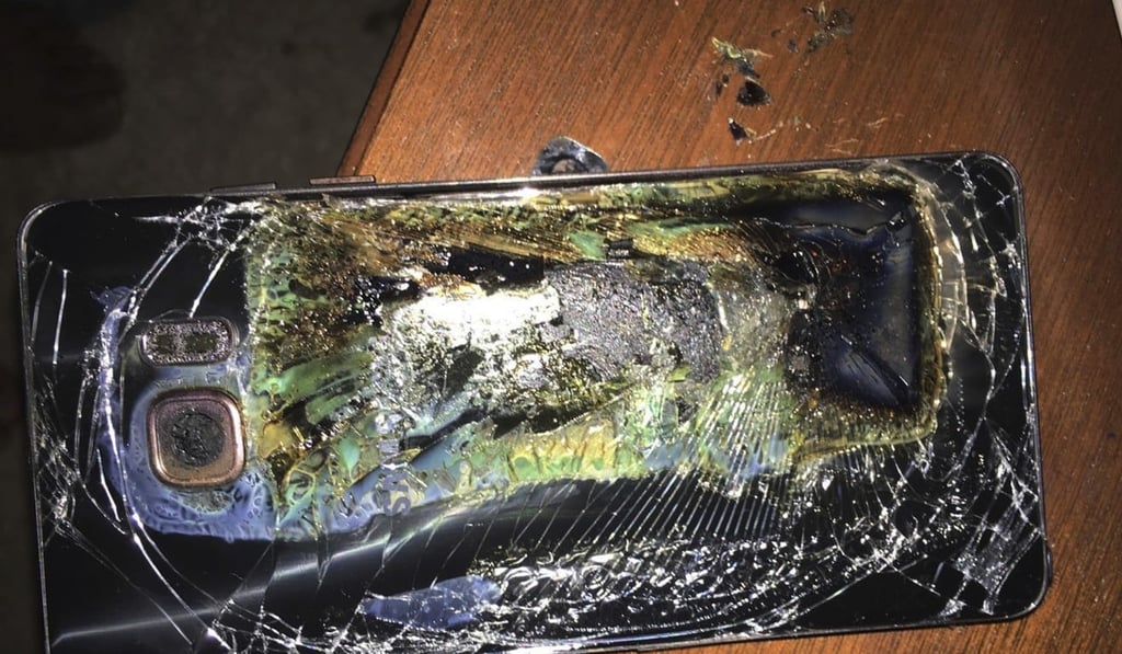 This 2016 photo shows a damaged Samsung Galaxy Note 7 on a table in Richmond, Virginia after it caught fire. Photo: AP