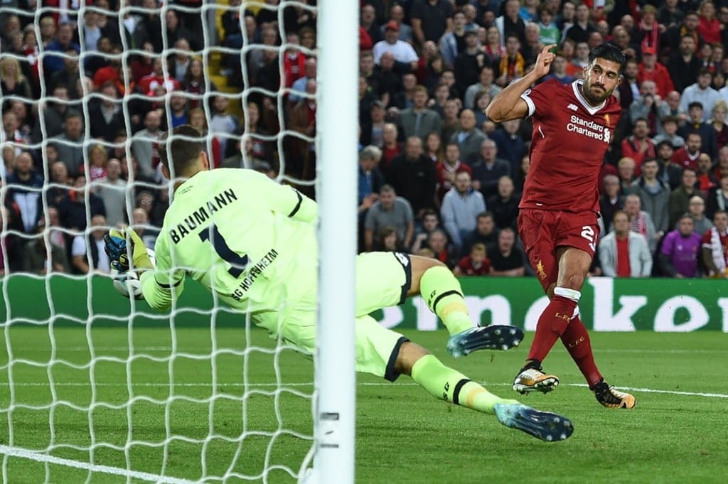 Liverpool’s Emre Can finishes off a terrific move as they run riot early on against Hoffenheim. Photo: AFP