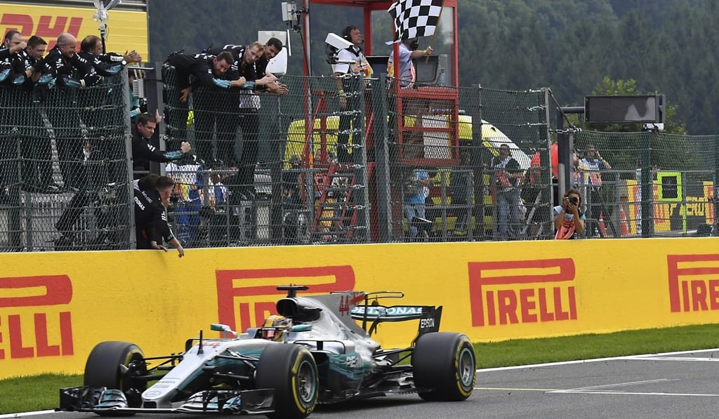 The chequered flag for Lewis Hamilton in the Belgian Grand Prix. Photo: AP