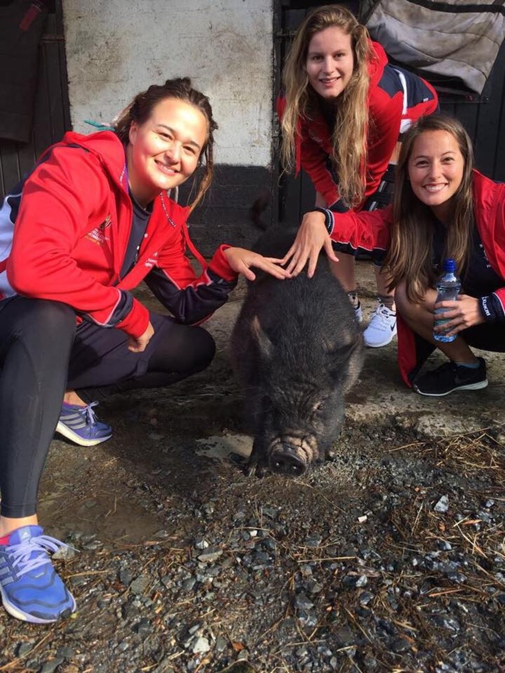 Colleen Tjosvold (left), Kelsie Bouttle and Lindsay Varty get up close and personal with some farm life in Belfast.