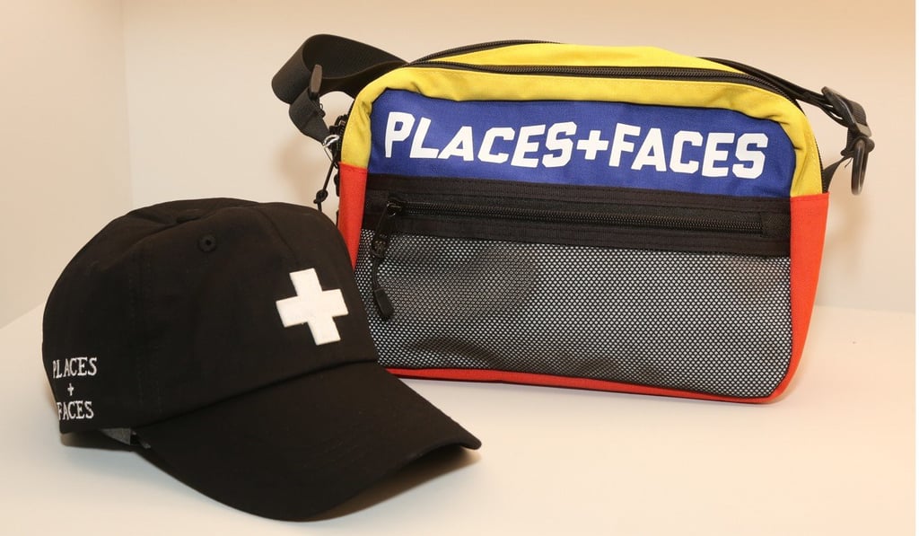 The Hong Kong limited edition cap and HBX exclusive pouch bag on display at the Places + Faces exhibition.