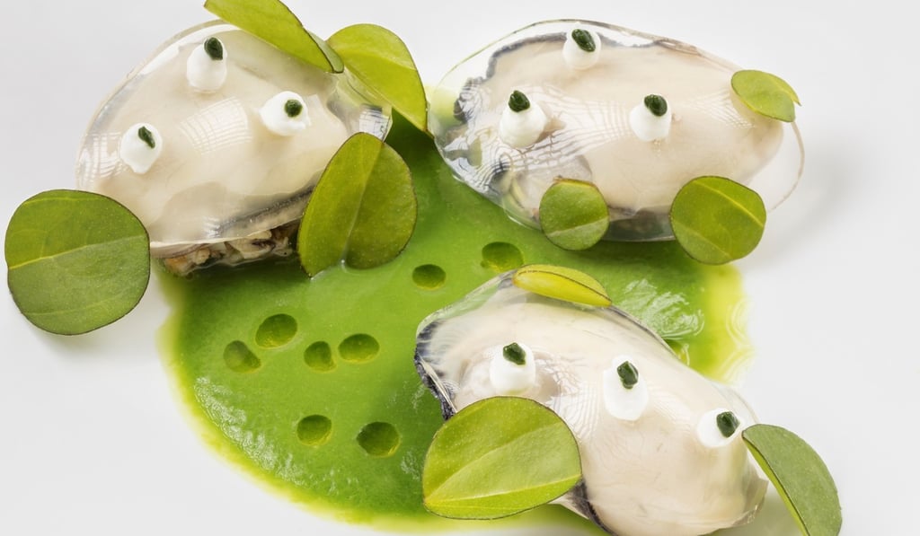 Poached Gillardeau oysters, lettuce veloute, seawater jelly