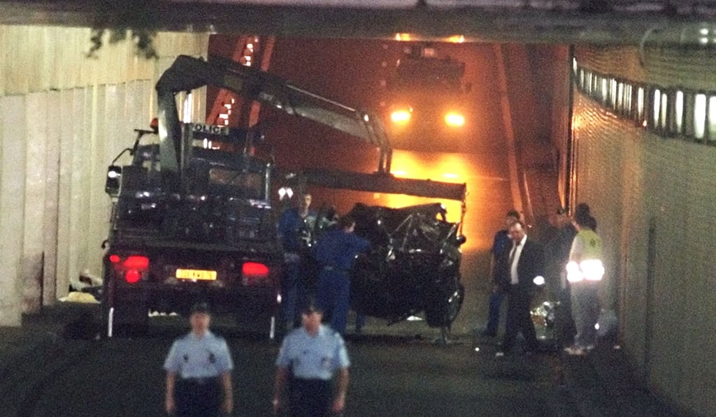 The wreckage of the car that Diana was travelling in with Dodi Al-Fayed, in the Alma Tunnel in Paris. Photo: AFP