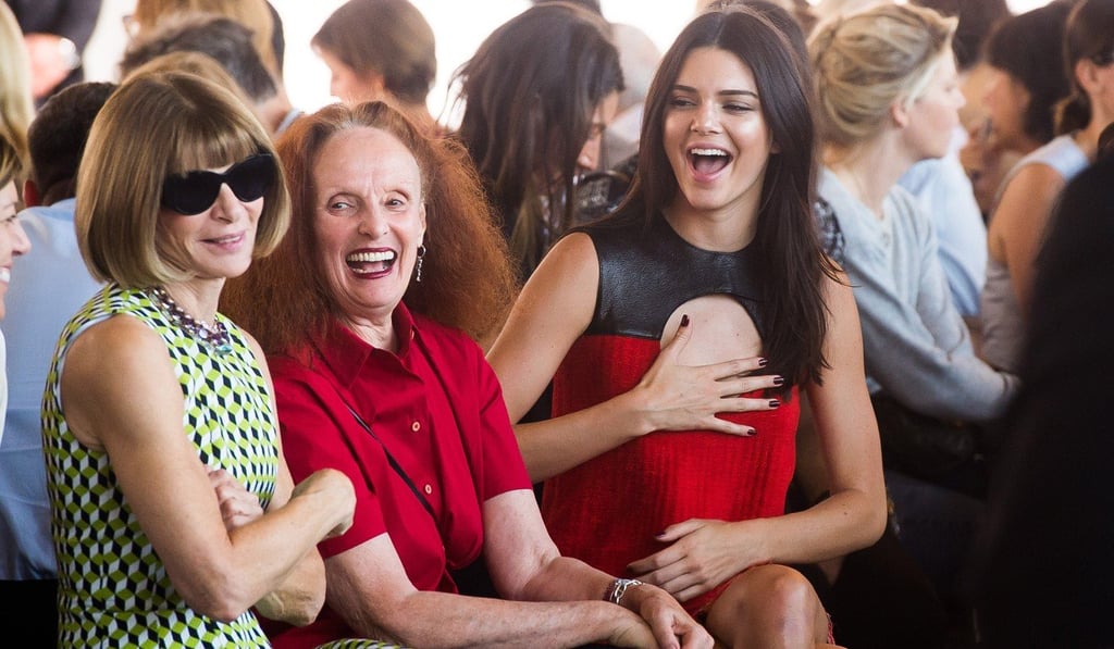 The then Vogue editor, Anna Wintour (left), Grace Coddington and Kendall Jenner (right) share a light moment at a Calvin Klein fashion show in 2015. Photo: Charles Sykes/Invision/AP