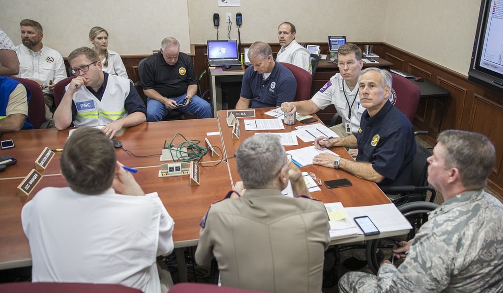 Texas Governor Greg Abbott at a briefing on Wednesday, August 30, 2017, at the State of Texas Emergency Command Centre at Department of Public Safety headquarters in Austin, Texas. Photo: AP