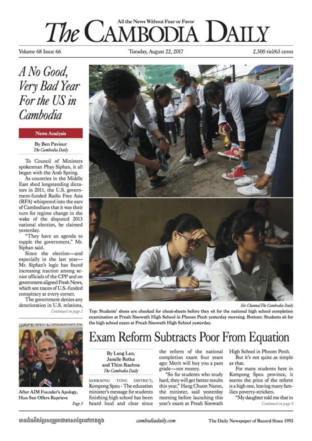 A front cover of The Cambodia Daily. Photo: The Cambodia Daily