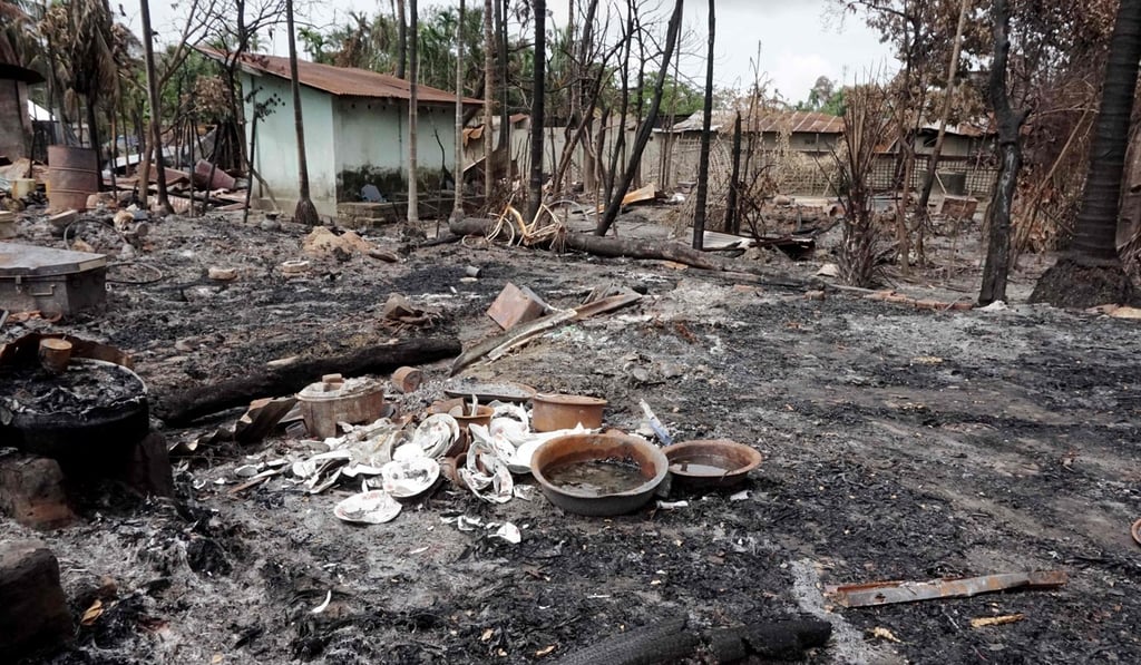 Broken dishes can be seen in the burned out remains of a house in Myo Thu Gyi Muslim village where houses were burnt to the ground near Maungdaw town. Photo: AFP Broken dishes can be seen in the burned out remains of a house in Myo Thu Gyi Muslim village where houses were burnt to the ground near Maungdaw town. Photo: AFP