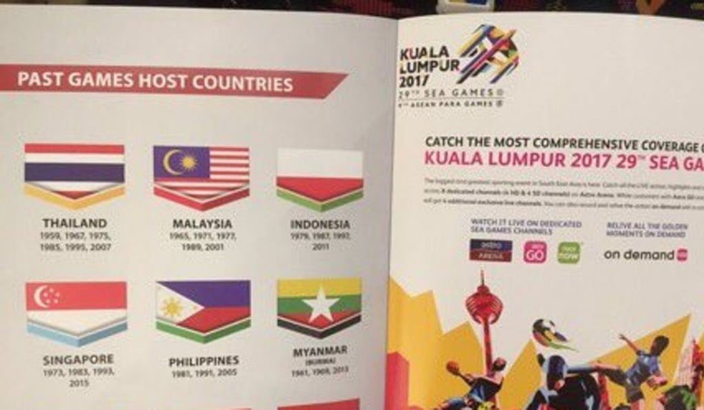 An inverted Indonesian flag appears in the Malaysian pamphlet for the Southeast Asian Games. Photo: Twitter An inverted Indonesian flag appears in the Malaysian pamphlet for the Southeast Asian Games. Photo: Twitter