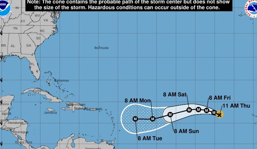 A handout graphic made available on August 31, 2017 by the US National Hurricane Centre shows a 5-day forecast of the possible development and path of hurricane Irma. Irma is currently a category 2 hurricane and is forecast to strengthen to a category 4 in the next few days. Photo: NOAA handout via EPA A handout graphic made available on August 31, 2017 by the US National Hurricane Centre shows a 5-day forecast of the possible development and path of hurricane Irma. Irma is currently a category 2 hurricane and is forecast to strengthen to a category 4 in the next few days. Photo: NOAA handout via EPA