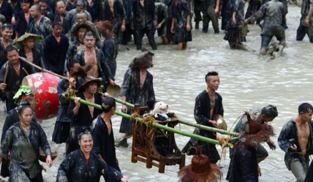The sacred dog is paraded in special chair. Photo: Handout