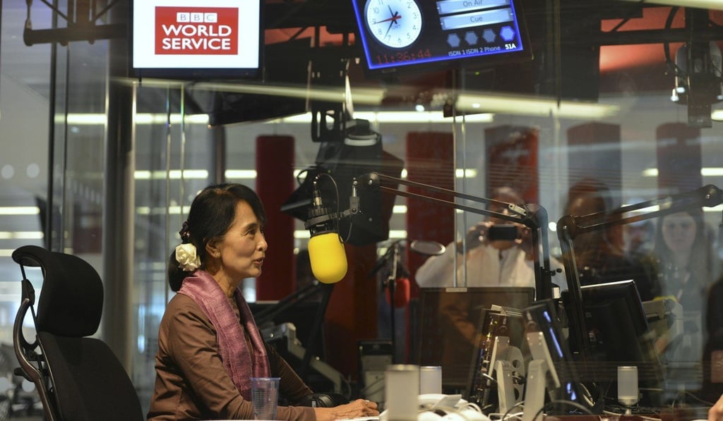 Aung San Suu Kyi in a studio during her visit to the BBC World Service in London in 2012. Photo: Reuters