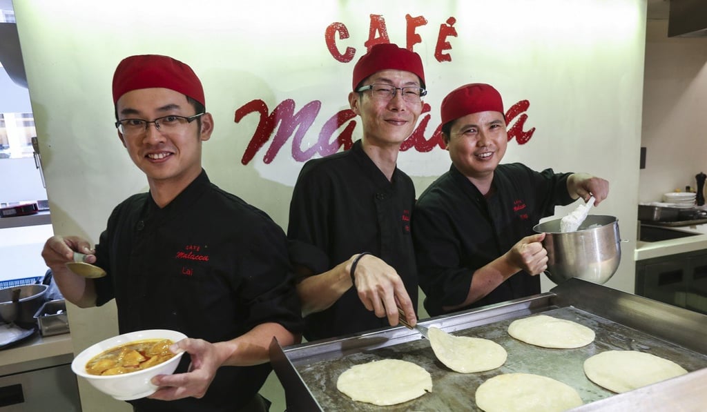 (Left to right): Chefs de partie Lai Yeung, Sze Leung-fat, and Chan Chun-shing of Café Malacca