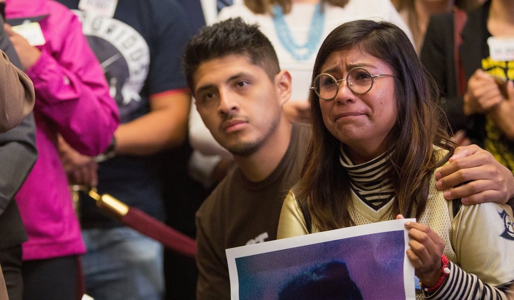 Dreamers (L) Jario Reyes, 25 of Rogers, Arkansas and (R) Karen Caudillo, 21 of Orlando, Florida attends a press conference on the Deferred Action For Childhood Arrivals (DACA) programme after US President Donald JTrump has decided to end the Obama-era programme that grants work permits to undocumented immigrants who arrived in the country as children. Photo: EPA