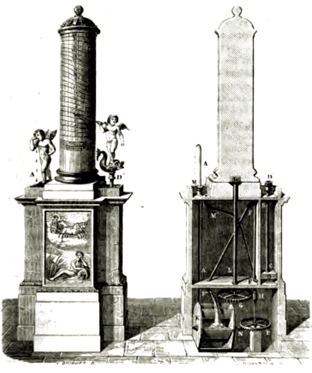 Ctesibius' water clock, as visualised by the 17th-century French architect Claude Perrault. Ctesibius' water clock, as visualised by the 17th-century French architect Claude Perrault.
