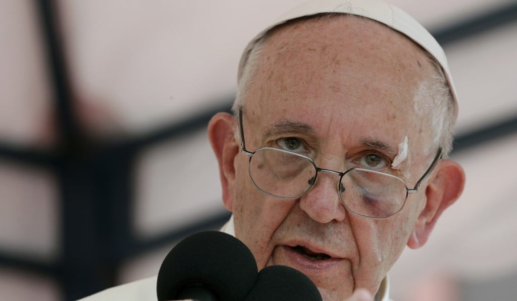 Pope Francis pray an Angelus at the San Pedro Claver church Cartagena, Colombia, on Sunday, September 10, 2017. He was sporting a bruised, black eye after banging his head on his Popemobile when it stopped short amid swarms of well-wishers. Photo: AP