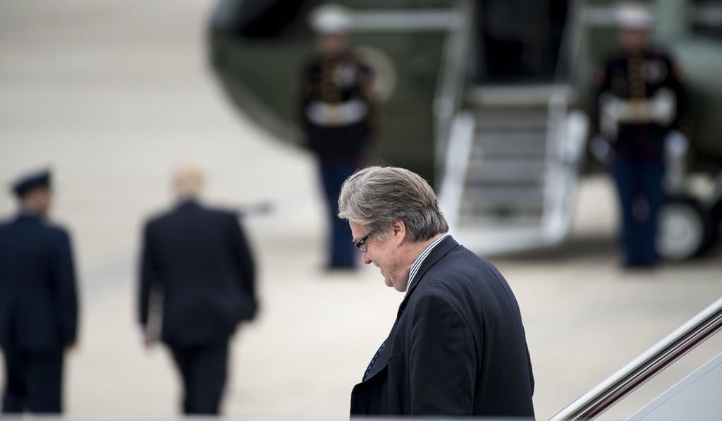 This file photo taken on May 13 shows strategist Steve Bannon walking off Air Force One as US President Donald Trump walks to Marine One at Andrews Air Force Base in Maryland. Photo: AFP This file photo taken on May 13 shows strategist Steve Bannon walking off Air Force One as US President Donald Trump walks to Marine One at Andrews Air Force Base in Maryland. Photo: AFP