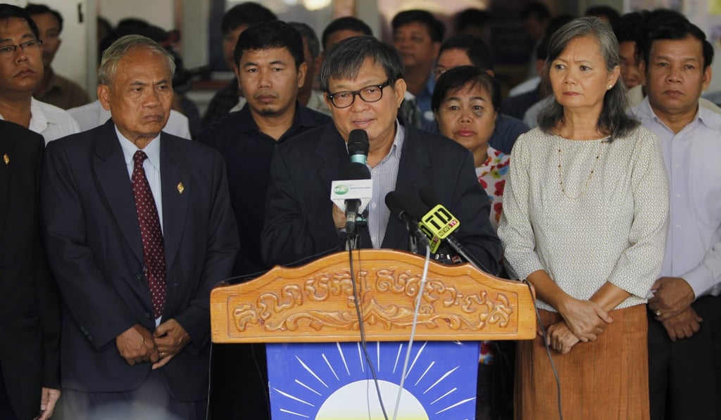 Son Chhay (C), senior member of the opposition Cambodia National Rescue Party (CNRP) gives a speech during a press conference in Phnom Penh. Photo: EPA Son Chhay (C), senior member of the opposition Cambodia National Rescue Party (CNRP) gives a speech during a press conference in Phnom Penh. Photo: EPA