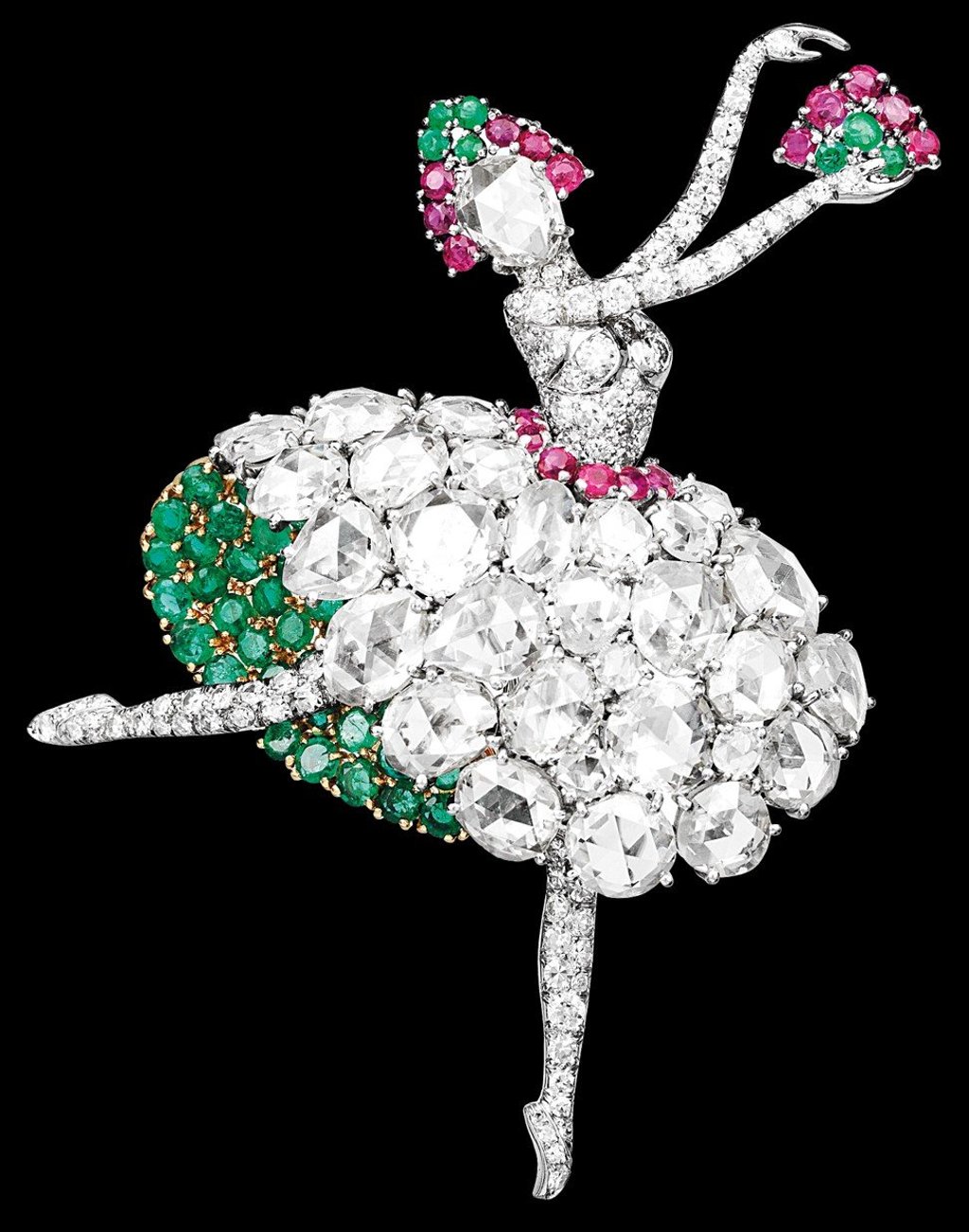 The Spanish ballerina clip, which Van Cleef & Arpels made from platinum, gold, rubies, emeralds and diamonds in 1946.