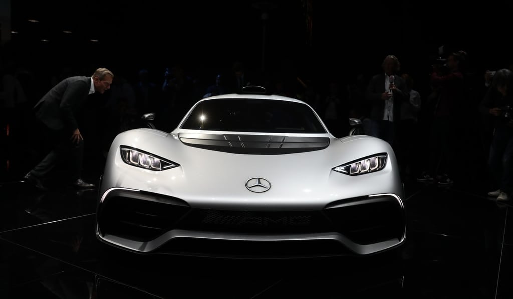 A Mercedes-Benz AMG Project One hypercar stands on stage after its unveiling ahead of the Frankfurt Motor Show. Photo: Bloomberg