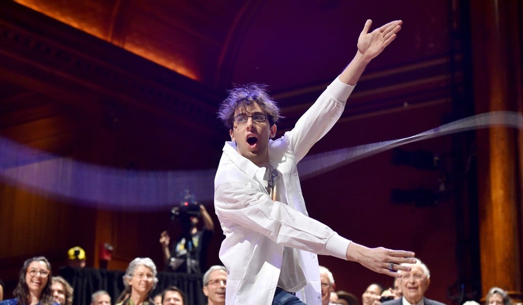 Performing chemist Michael Skuhersky participates in a Moment of Science during the 27th First Annual Ig Nobel Prize Ceremony at Harvard University. Photo: Reuters