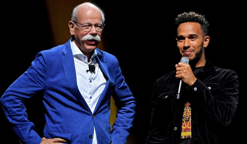 Dieter Zetsche (left) and Lewis Hamilton of Mercedes AMG present the new Project ONE Hypercar at the first press preview day of the International Motor Show IAA in Frankfurt, Germany. Photo: EPA