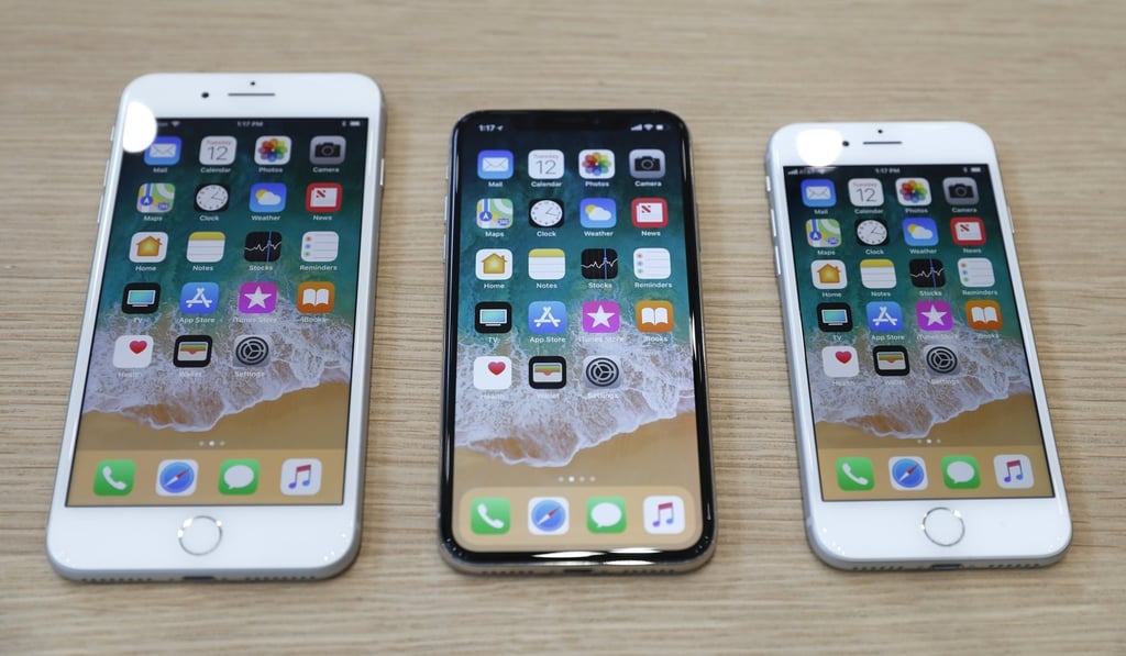 From left, the iPhone 8 Plus, iPhone X and iPhone 8 at Apple’s launch event in California. Photo: Reuters