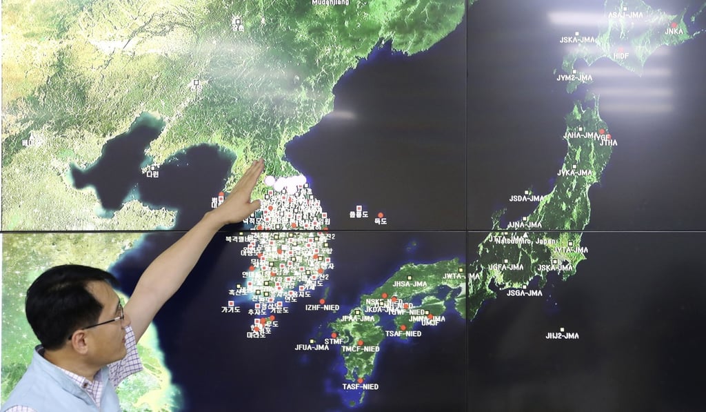 Ryoo Yong-gyu, the director of South Korea’s Earthquake and Volcano Monitoring Division, speaks to the media about the seismic event following North Korea’s nuclear test on September 3. Photo: AP Ryoo Yong-gyu, the director of South Korea’s Earthquake and Volcano Monitoring Division, speaks to the media about the seismic event following North Korea’s nuclear test on September 3. Photo: AP