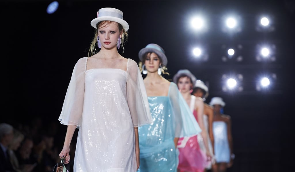 Models present creations for fashion house Emporio Armani for the spring/summer 2018 collection on the third day of London Fashion Week. Photo: AFP Models present creations for fashion house Emporio Armani for the spring/summer 2018 collection on the third day of London Fashion Week. Photo: AFP
