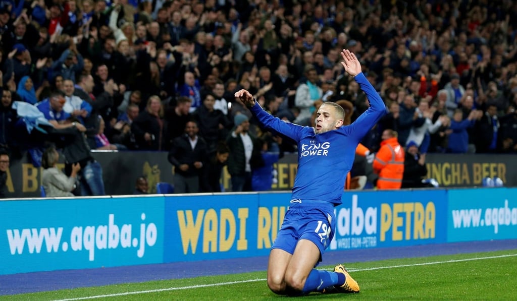 Leicester City's Islam Slimani celebrates scoring their second goal. Photo: Reuters