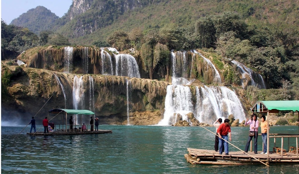 Chinese tourists on a raft at the Ban Gioc waterfall in the northern border province of Cao Bang in Vietnam. Photo: AFP