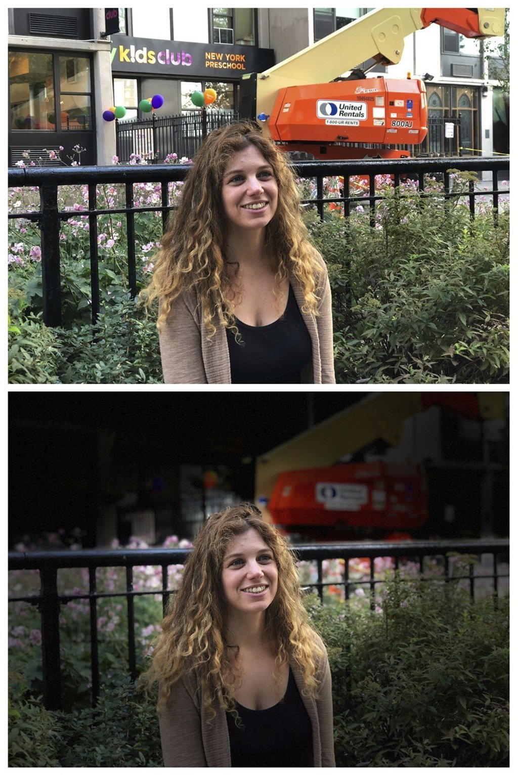 A portrait taken with the iPhone 8 Plus, with the camera's stage light filter on the bottom photo, which highlights the subject's face and darkens the background. Photo: AP