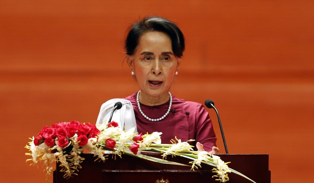 State counsellor Aung San Suu Kyi delivers a speech at the Myanmar International Convention Centre in Naypyidaw, on Tuesday, calling on the international community to cooperate in tackling the Rohingya issue. Photo: Xinhua State counsellor Aung San Suu Kyi delivers a speech at the Myanmar International Convention Centre in Naypyidaw, on Tuesday, calling on the international community to cooperate in tackling the Rohingya issue. Photo: Xinhua