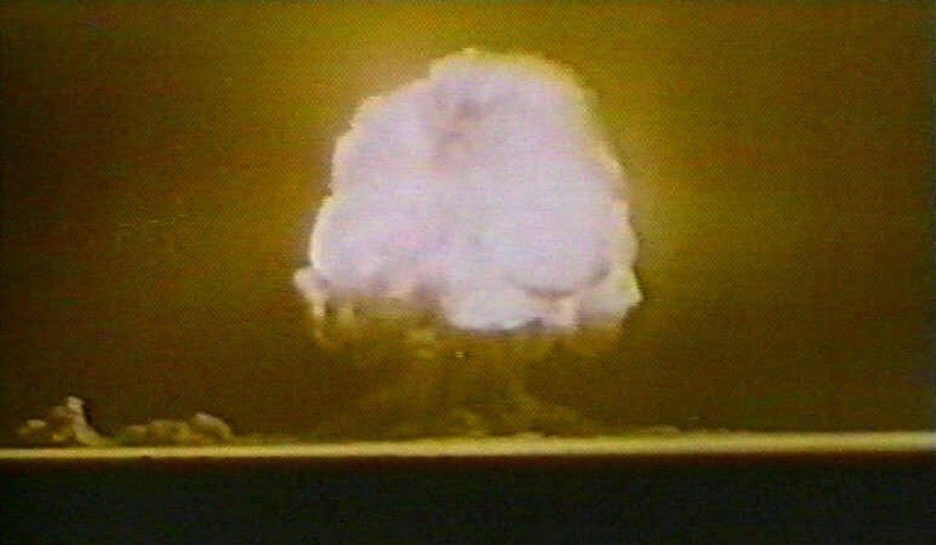 A nuclear explosion is seen during a TV ad. Photo: AP