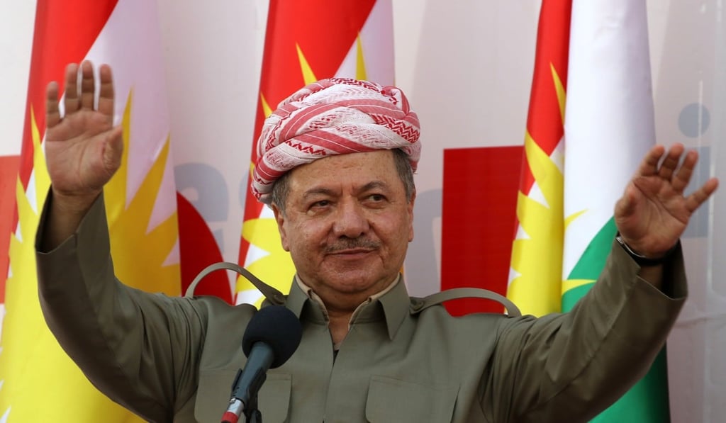 Iraqi Kurdish leader Massoud Barzani delivers a speech during a rally in Arbil, urging people to take part in the referendum scheduled for Monday. Photo: AFP