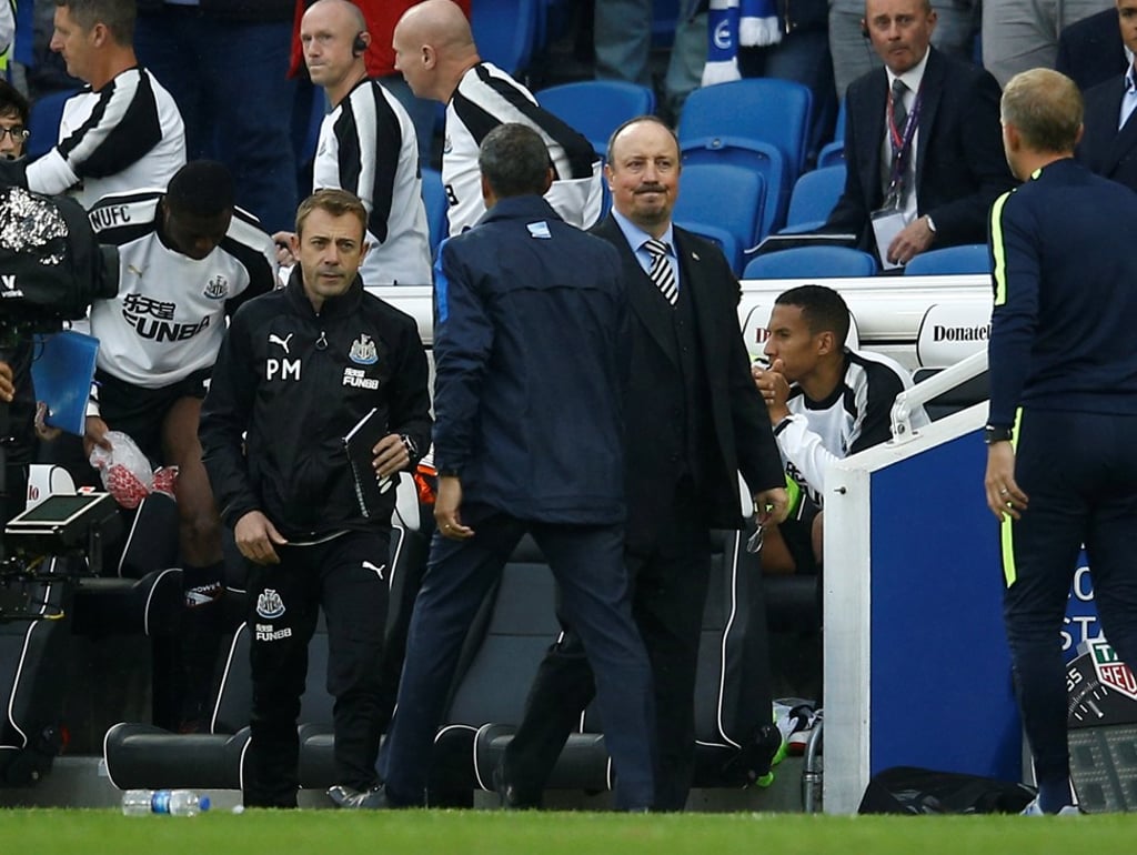 Brighton manager Chris Hughton shakes hands with Newcastle United manager Rafael Benitez after the game. Photo: Reuters